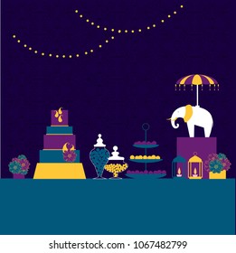 Wedding candy bar  with elephant. Dessert table.  Vector illustration.