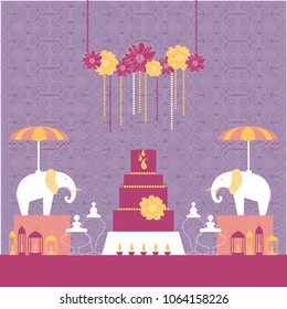 Wedding candy bar  with elephants.. Dessert table.  Vector illustration.