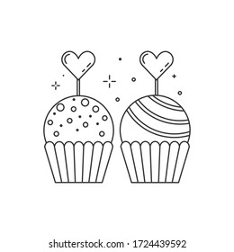 Wedding candy bar sweets thin line icon. Candies with icing and heart shape decoration for marriage party. Wedding reception sweet bar treats logo template.