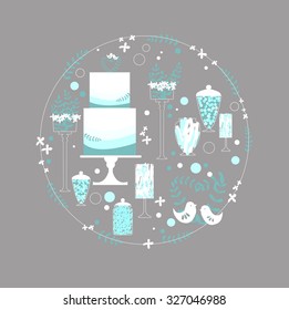Wedding candy buffet with cake and flowers in round frame.  Vector illustration.