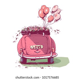 Wedding car with balloons, vector illustration.