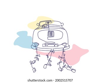 Wedding car with bows and tin cans concept - one line art - vector
