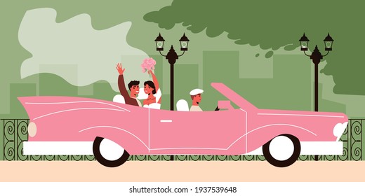 Wedding car composition with outdoor landscape with newly married couple sitting in the pink cabrio car vector illustration