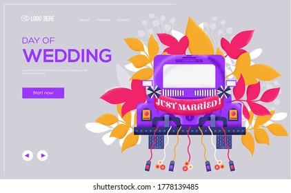 Wedding car concept flyer, web banner, ui header, enter site. Thin line icon style concept design. Grain texture and noise effect.  Place for text, place for copying.