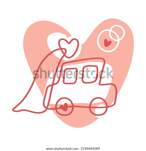 Wedding car. Cute vector icon with a picture\
of a wedding car and rings. Vector doodles on the theme of the\
wedding celebration.