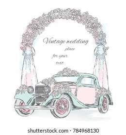 A wedding car decorated with flowers, against the background of a wedding arch. Vector illustration for a postcard or a poster. Celebration.