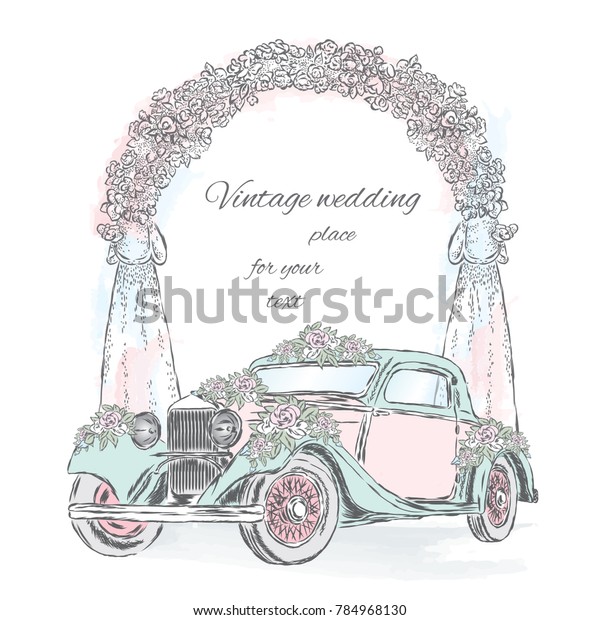 結婚式のアーチの背景に花で飾られた結婚式の車 はがきやポスターのベクターイラスト お祝い のベクター画像素材 ロイヤリティフリー