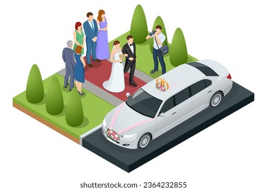 Wedding car decoration. Isometric limousine in a wedding day. The bride and groom near the wedding limousine.