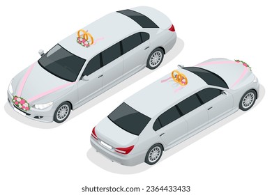 Wedding car decoration. Isometric limousine on the wedding day