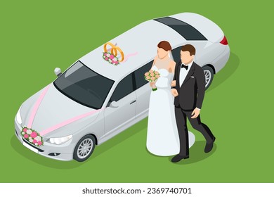 Wedding car decoration. Isometric limousine in a wedding day. The bride and groom near the wedding limousine.