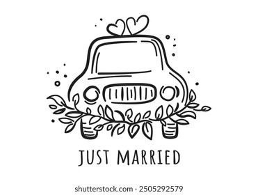 Wedding car with flowers in sketch style. Hand Drawn Marriage Icon. Just married. Cute doodle vector illustration isolated on white for invitations, greeting cards, posters, timeline