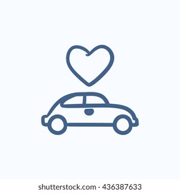 Coche de bodas con icono de boceto del vector del corazón aislado en el fondo. Auto de la boda dibujado a mano con icono del corazón. Coche de bodas con icono de boceto cardíaco para infografía, sitio web o aplicación.