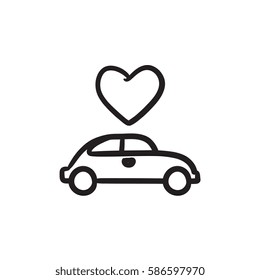 Wedding car with heart vector sketch icon isolated on background. Hand drawn Wedding car with heart icon. Wedding car with heart sketch icon for infographic, website or app.