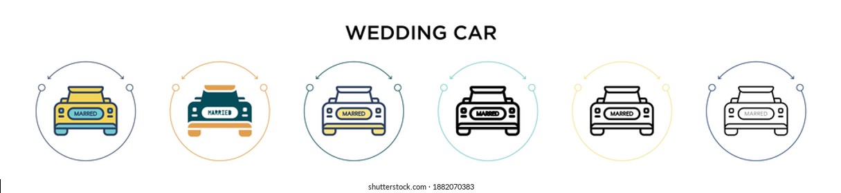 Wedding car icon in filled, thin line, outline and stroke style. Vector illustration of two colored and black wedding car vector icons designs can be used for mobile, ui, web
