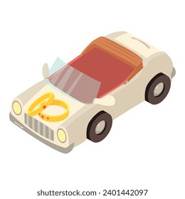 Wedding car icon isometric vector. White wedding convertible with two gold ring. Celebration, event