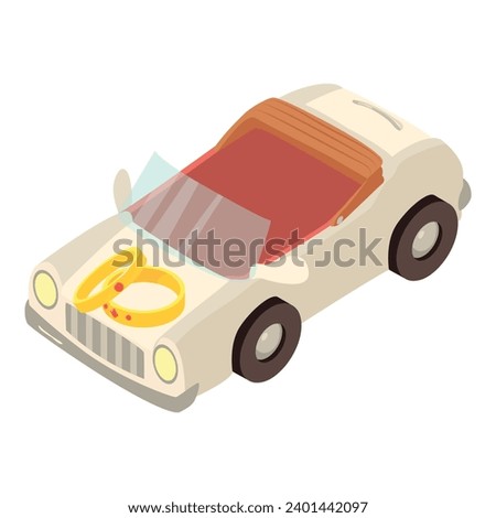Wedding car icon isometric vector. White wedding convertible with two gold ring. Celebration, event