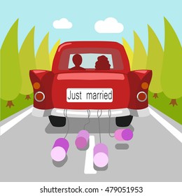 Wedding car just married. Cartoon colorful vector illustration