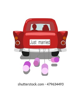 Wedding car just married. Cartoon colorful vector illustration