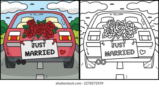 Wedding Car Just Married Coloring Illustration