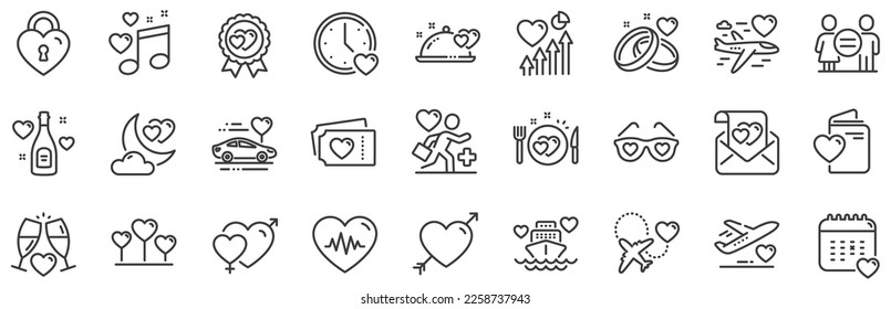 Wedding car, marriage rings, love. Honeymoon line icons. Bridal champagne, Valentine heart icons. Couple tickets, honeymoon travel, married night. Wedding music, love lock. Vector
