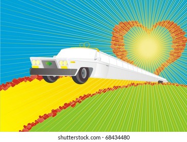 Wedding car moves along the road at the edges of which are depicted hearts