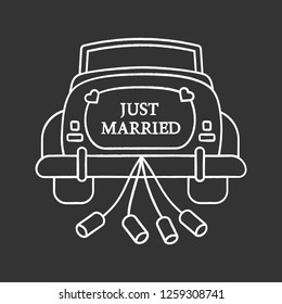 Wedding car rental chalk icon. Rent auto. Just married car. Newlywed. Wedding vintage cabriolet. Automobile hiring services. Isolated vector chalkboard illustration