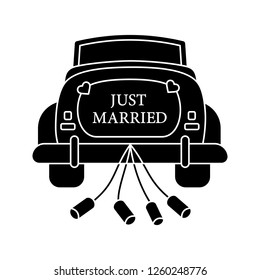 Wedding car rental glyph icon. Rent auto. Just married car. Newlywed. Wedding vintage cabriolet. Automobile hiring services. Silhouette symbol. Negative space. Vector isolated illustration