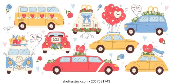 Wedding car transport, retro vintage and expensive luxury modern automobile and bus decorated with flower bouquet, ribbons, hearts and rings isolated vector illustration set on white background