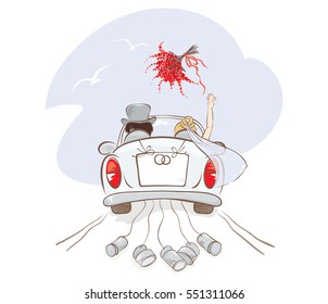Wedding car.  Vector illustration, card with bride and groom in car