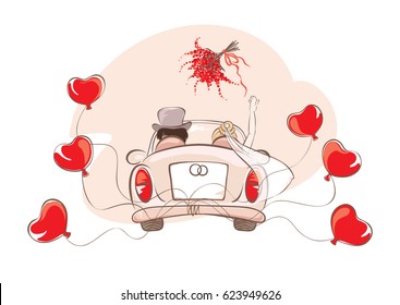 Wedding car / Vector illustration, card with bride and groom in car