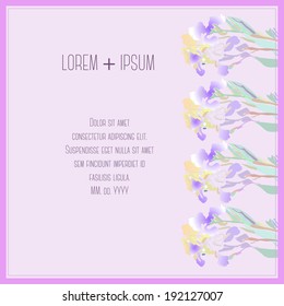 Wedding card in the asymmetric composition with irises on the light purple background. Vertical.
