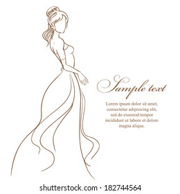 Wedding card with beautiful bride in gold dress. vector illustration