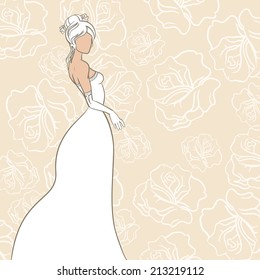 Wedding card with beautiful bride on rose background vector illustration