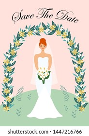 Wedding card with a beautiful bride. Vector illustration.