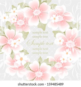 Wedding card or beautiful floral invitation card. Cute romantic floral background. Abstract greeting card. Greeting postcard in vintage vector style. Elegance pattern with flowers.