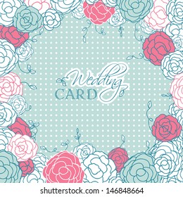 Wedding card with beautiful rose flowers on blue polka dot background