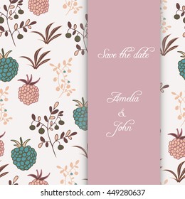 Wedding card with berries. Raspberry, blackberry, blueberry, bush and branch elements. Place for text or names.