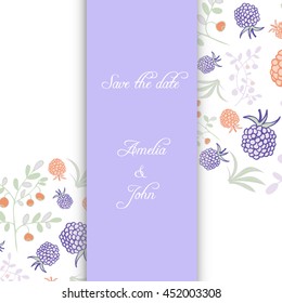 Wedding card with berries.  Raspberry, blackberry, blueberry, bush and branch elements. Light gentle colors design. Summer motif. Save the date.  Place for a text or names.