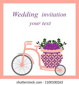 Wedding card with bicycle and flowers. Wedding bicycle. Also suitable for invitation card. Vector illustration.