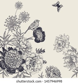 Wedding card. Black print of flowers, butterflies and birds on background color of craft paper. Vintage botanical illustration. Floral decor. Style of antique engraving. Vector.