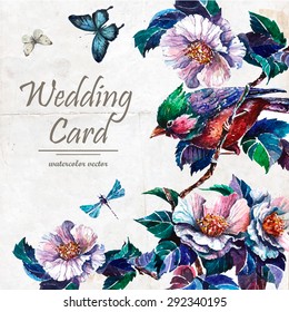 Wedding  card with blooming tree. Twigs with pink flowers, bird and butterflies.  Hand drawn botanical illustration in vintage style 