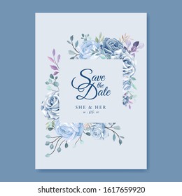 wedding card with blue floral and leaves