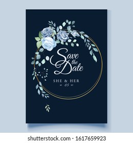 wedding card with blue floral and leaves