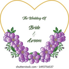Wedding card for bride and groom, with crowd of cute purple flower frame. Vector