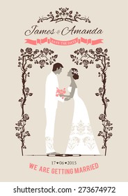 Wedding card with bride and groom. Elegant vintage style