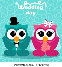 Wedding card with the bride and groom on an abstract background. Owls. Bride and groom. Vector illustration.
