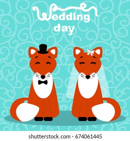 Wedding card with the bride and groom on an abstract background. Foxes. Bride and groom. Vector illustration.