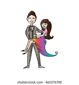 Wedding card. Bride and groom. Sketchy style.