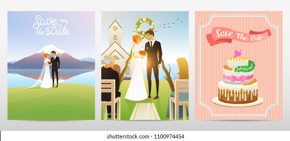 Wedding card. Bride And Groom. Valentines Day. Newlyweds and cake vector illustration. Love concept. Just married, summer landscape. Vintage Poster Banner. Rustic background.