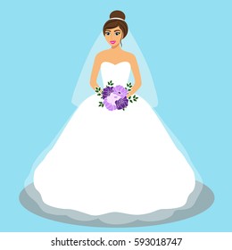 Wedding card with the bride on a blue background. Bride. Bride in wedding dress with a bouquet. Vector illustration.